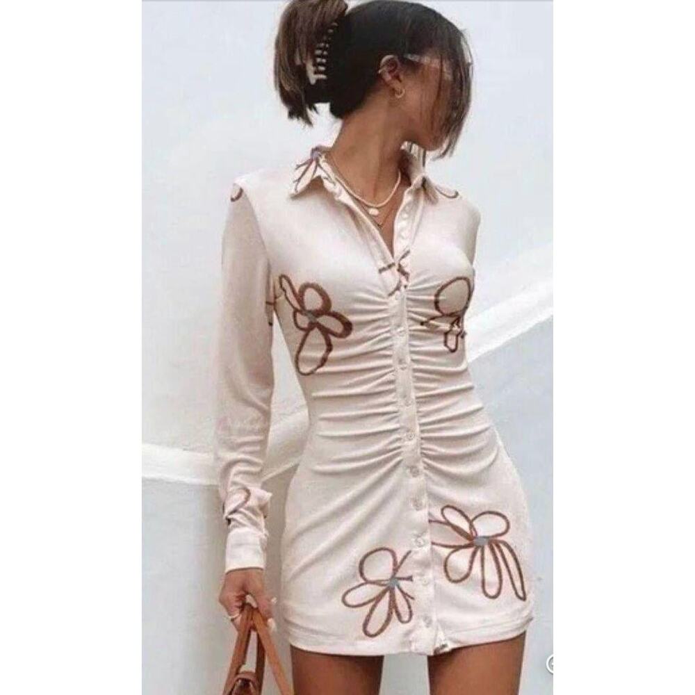 With Jean Andy Dress Chalk Flowers Womens Small Long Sleeve Button Front